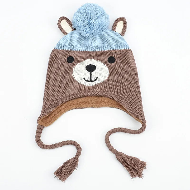 Winter Earflap Hat Kid Boy Girl Knit Beanie Autumn Bear Animal Cotton Warm Skiing Pompom Fleece Outdoor Accessory Toddler Baby (6)