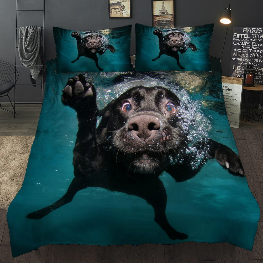 

3D Swim Dog Bedding Sets Green Duvet Cover Pillow Shams for Adults Kids 3 Pieces Bedclothes Bed Linen