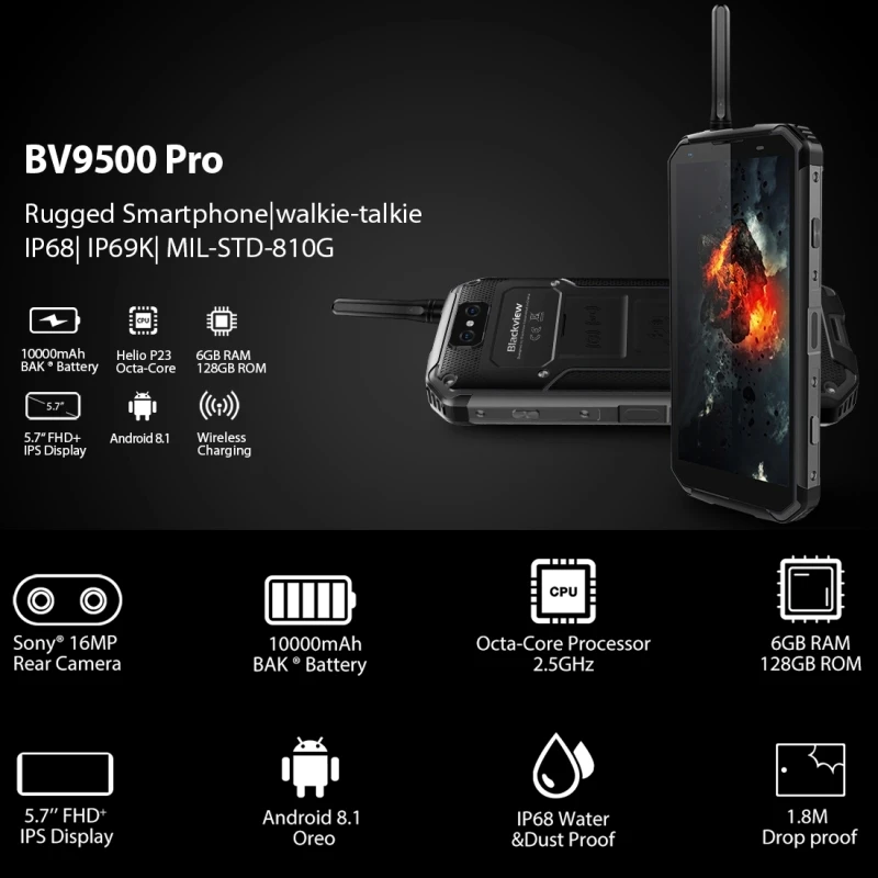 Blackview BV9500 Pro IP68 водонепроницаемый прочный смартфон 6 ГБ+ 128 Гб 5," Восьмиядерный рация 10000 мАч отпечаток пальца телефон nfc