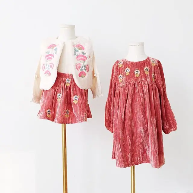 LM 2019AW/Новые Детские платья для девочек, детское трикотажное бархатное платье с вышивкой в национальном стиле на бретелях