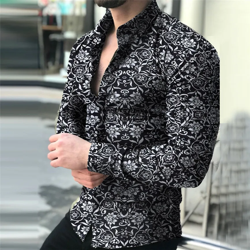 Новая модная мужская Роскошная стильная повседневная рубашка модная мужская повседневная рубашка с цветочным принтом и длинным рукавом на пуговицах Топ Блузка M-5XL