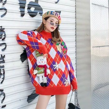 

SexeMara fashion The New Loose Sleeve Christmas Cartoon Sequin lattice knitting Sweater free shipping