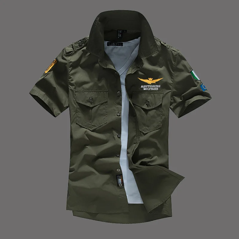 Новинка 6XL военные мужские рубашки с коротким рукавом летняя модная вышитая Высококачественная хлопковая Повседневная рубашка Air Force One MA1 12002 - Цвет: 12002 Army green