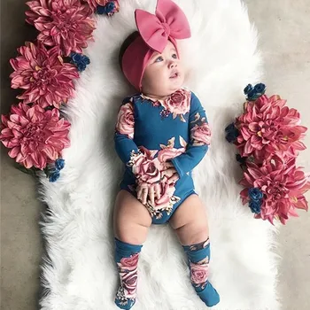

2020 New Infant Baby Girl Flower Bodysuit Jumpsuit + Socks Girls Summer 2 Piece Outfits Toddler Newborn Baby Girls Clothes Sets