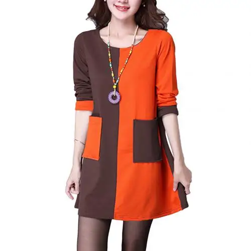 Orange Brown Новое модное женское платье с карманом, одноцветное, с длинным рукавом, круглый вырез, свободное, повседневное, Осень-зима, платье - Цвет: Orange Brown