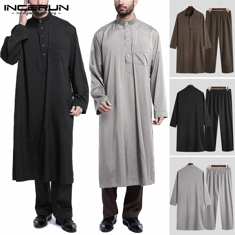 INCERUN-conjuntos musulmanes para hombre Jubba Thobe, Túnica de manga larga de Color sólido, pantalones, 2 piezas, moda islámica, árabe, trajes de hombre, S-5XL