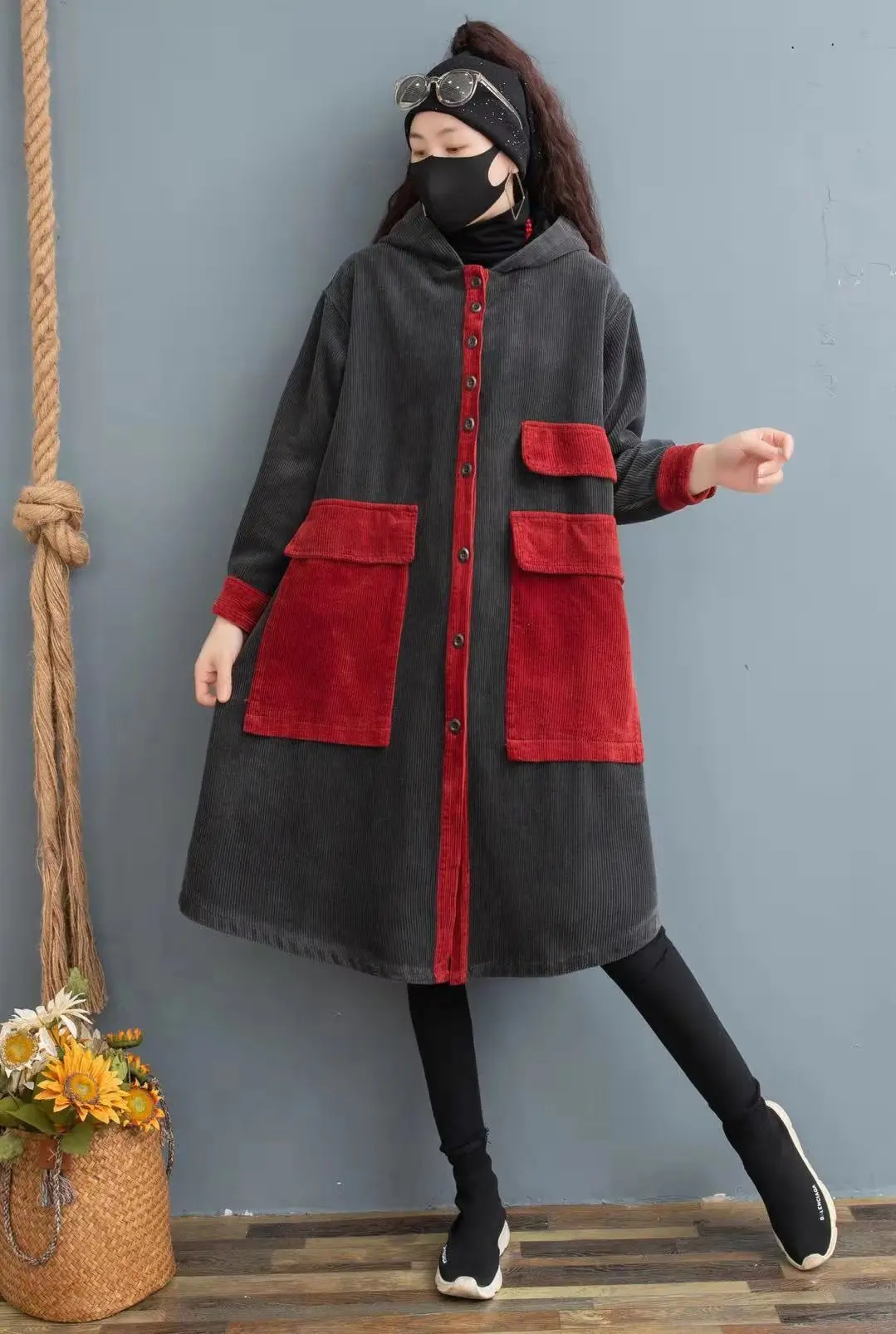 Зимние женские парки вельветовые винтажные с капюшоном толстые теплые контрастные цвета длинные с хлопковой подкладкой свободные женские пальто YoYiKamomo