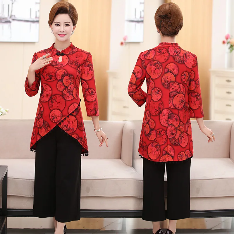 

Middle-aged Tops Long Sleeve WOMEN'S Suit 2018 New Style Middle-aged Ethnic-Style Mom Summer Wear 40-50-Year-Old Two-Piece Set