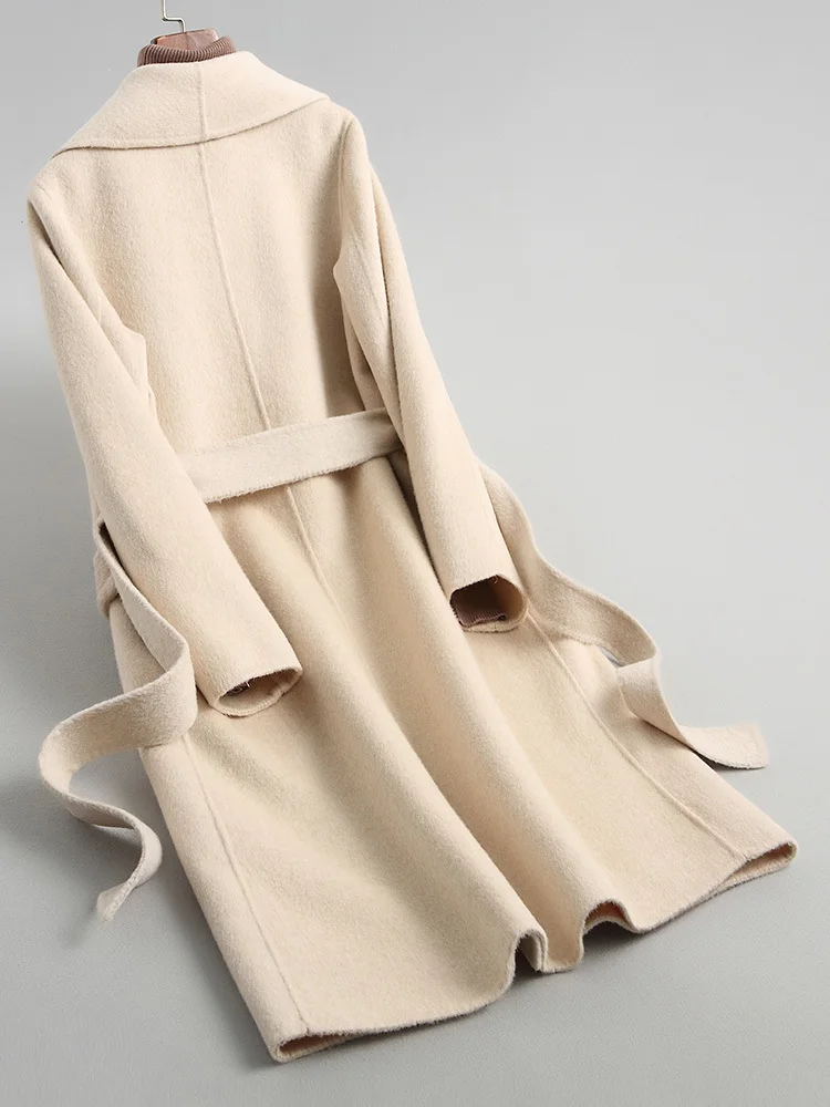 

2020 Women Wool Coat Alpaca Cashmere Autumn Winter Female Jacket Long Double-sided Woolen Coats With Belt 38087 WYQ2101