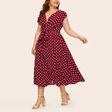 

Women's V-Neck Casual Boho Dress Plus Size Polka-dot Dress Buttoned Lace-up Waist Midi Dress Female Clothing free Shipping Dress