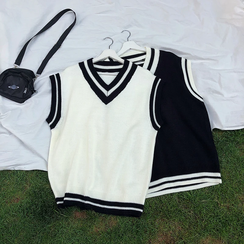 Skup Jesień kamizelka Sweter moda męska kontrast kolorów Casual swetry z dzianiny kamizelka mężczyzna Streetwear luźne bez rękawów Sweter kamizelka ubrania