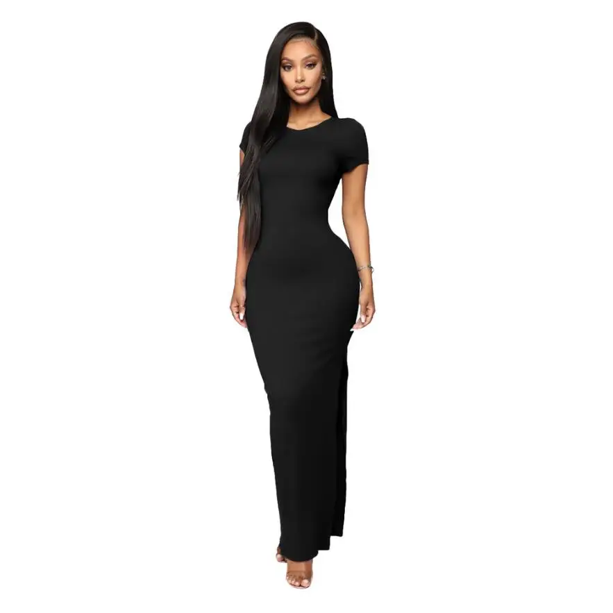 High Stretch Summer Elegant Women Sexy Dress O-neck Short Sleeve Skinny Maxi Dress Hem Split Long Dress Party Thin Vestidos