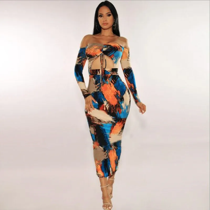 2020 Long Sleeve Colorful Print Slash Neck Bodycon Long  Dress Women Chest  Hollow-Out Sexy   Party Elegant Clothing
