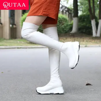 

QUTAA 2021 Keep Warm Women Boots Round Toe Winter Wedges Casual Women Shoes PU Leather Stretch Over The Knee Boots Size 34-43