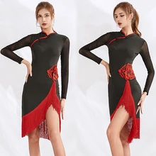 Латинское танцевальное платье с бахромой наряд для выступлений платье гатсби платье для взрослых Чача Румба платье с длинными рукавами латинские платья для женщин BL2570