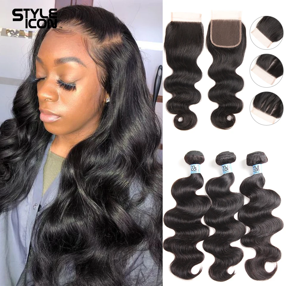 

Styleicon Peruvian Hair Bundles With Closure Body Wave Hair Weave 3 4 Bundles With Lace Closure Natural Color Non-Remy Free Ship