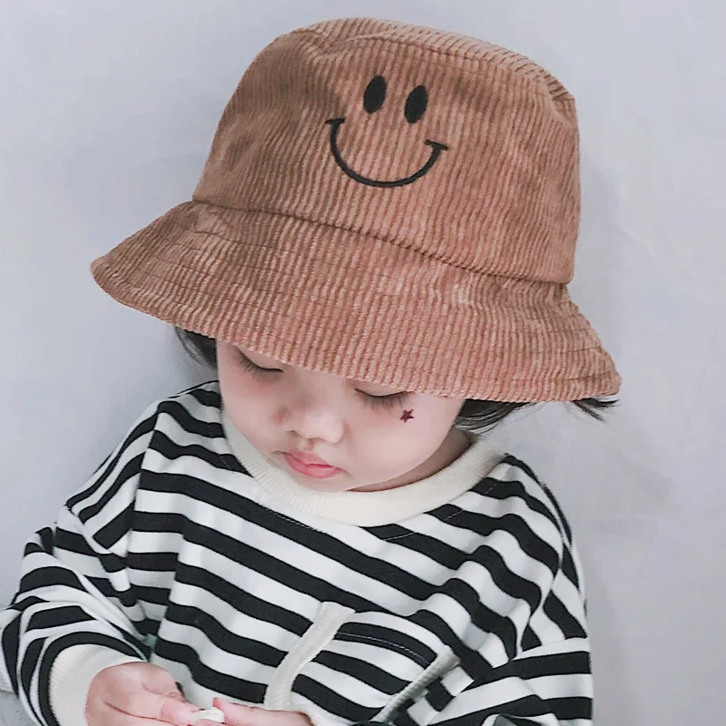 Зимняя Вельветовая детская шляпа рыбака с улыбающимся лицом, милая теплая шапка, модная Детская уличная шляпа