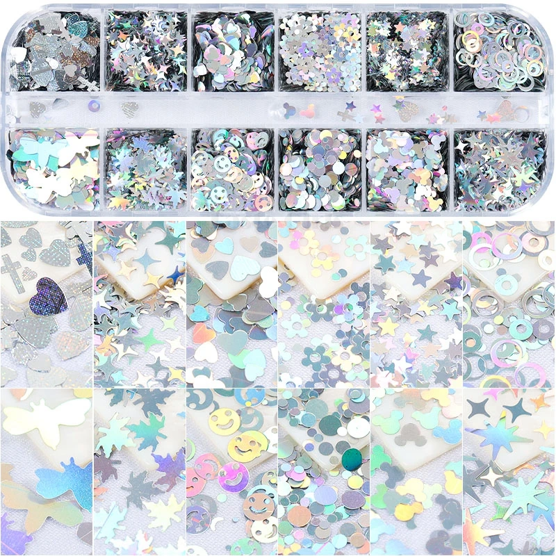 12 Grids/Box Silver Laser Holographic Round Circle Star Heart Cross Maple Glitter Sequins Nail Art Paillette Slice Decorations | Красота и