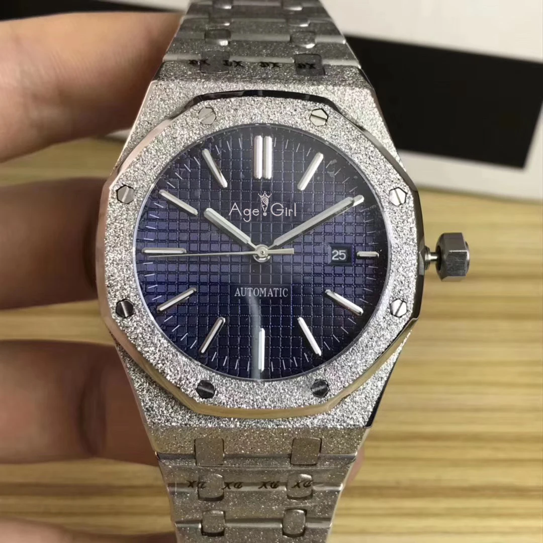 

Luxury Brand New Men Automatic Mechanical Watch Stainless Steel Silver Matte Diamond Crystal Sapphire Glass Back Watch Blue Grey