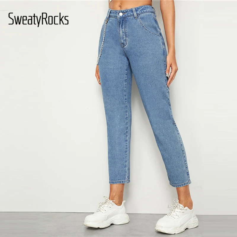 SweatyRocks синие цепи детализированные укороченные Морковные джинсы Уличная Женская Повседневная однотонная джинсовая брюки весна осень базовые повседневные джинсы