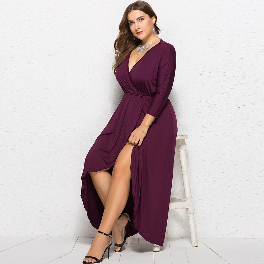 Berydress элегантное женское фиолетовое платье с v-образным вырезом и рукавом 3/4, Платье макси с высоким и низким вырезом, свадебное платье для гостей, Осеннее длинное черное платье размера плюс