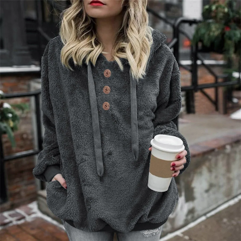

2020 European And American Long-Sleeved Buttons Plush Hooded Solid Color Casual Loose Plus Size Women's Hoodie Plus Velvet Coat