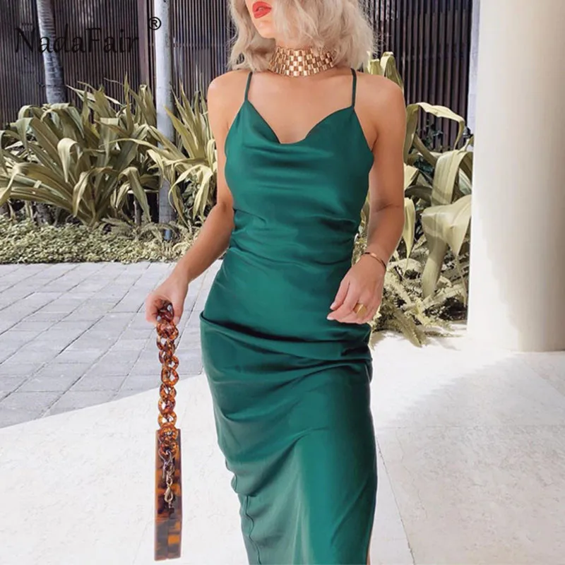Nada Nada Solid Split Slip Satin Dress 
