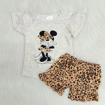 

New arrival fashion cartton shirt and shorts set girl boutique summer outfit with leopard high quality clothing set