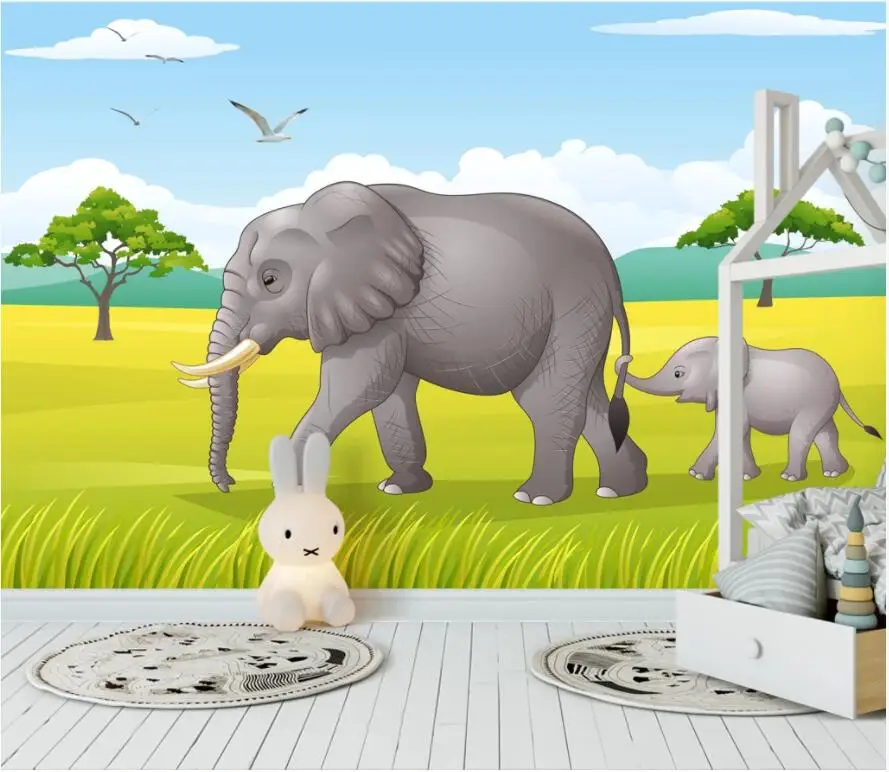 

Custom photo 3d wallpaper Cartoon elephant baby elephant forest green fresh children room 3d wall murals wallpaper for walls 3 d