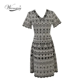 

Runway Dress Retro Hit Color Jacquard Knit Dress Women V Neck Short Sleeve A Line High Quality Jumper Dress C-113
