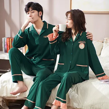 

XIFER Lapel Cotton Pajamas Men Autumn Long-sleeved Trousers Two-piece Simple Fashion Loose Couple Home Service Suit Size To XXXL