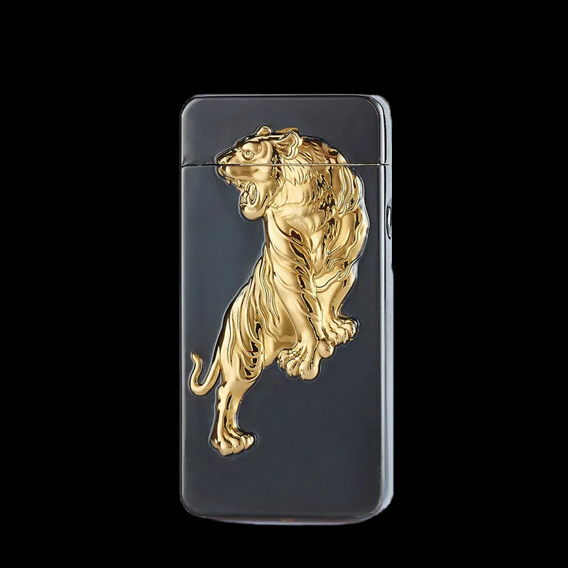 Новинка, зажигалка с зарядкой от usb, плазменная двойная дуга, ветрозащитная Зажигалка для сигарет, металлический рельеф, Скорпион, китайский дракон, мужской подарок - Цвет: tiger