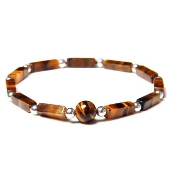Natural Tiger Eye Bracelets Men Handmade 4*13 mm Rectangle Stone Beads Bangle Elastic Women Jewlery Silver Color Charm Pulsera