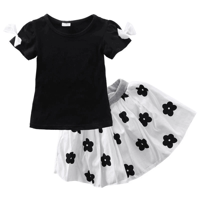 

Girs Clothes Set Black Top+Flower Skirt Children's Summer suits girl clothing Floral pattern Toddler Clothing Set 1-6Y