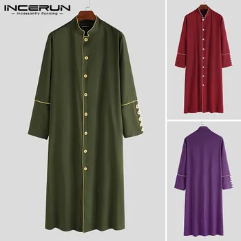 

Fashion Men Muslim Kaftan Islamic Long Sleeve Saudi Arabi Robes Stand Collar Jubba Thobe Button Coats Men Clothes INCERUN S-5XL