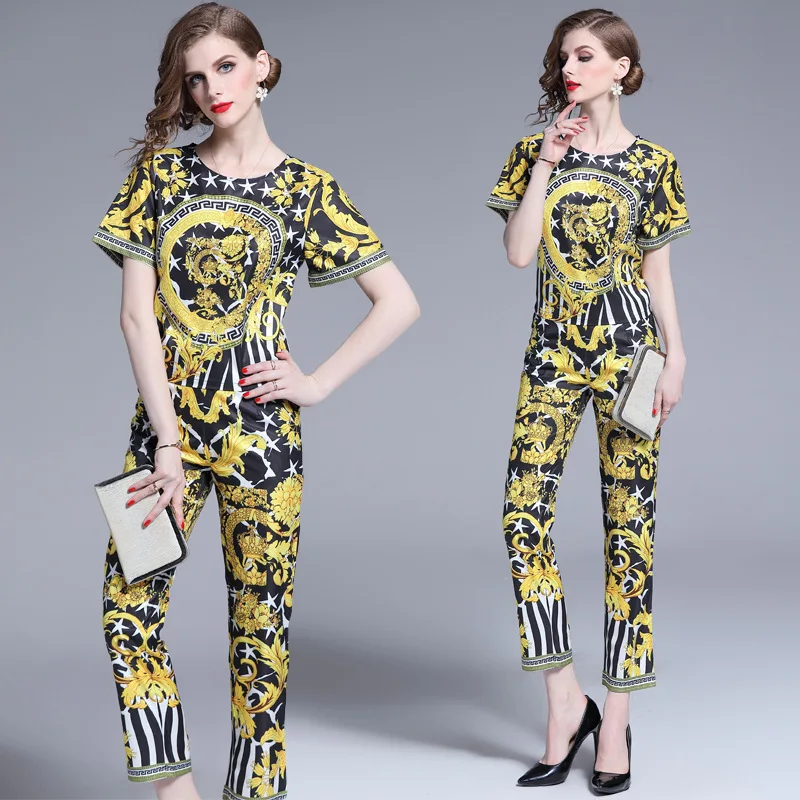 

2019 New Style Fashion Piece Skinny Europe And America Short-sleeved Top T-shirt + 9 Pants Skinny Vintage Printed Set