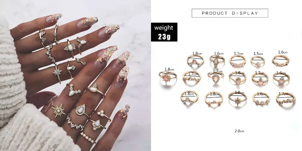 HuaTang Boho Rhinestone Rings for Women Gold Color Heart Carving Wave Crystal Knukle Wedding Rings Set Jewellery Anillos