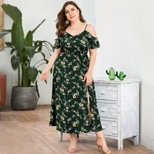 Дизайн, Европейский и американский стиль, новинка, топ с открытыми плечами и v-образным вырезом, с высокой талией, с разрезом, модное платье большого размера с принтом Dr