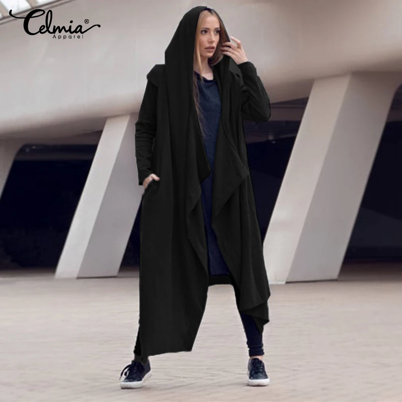 remarkable Women Vintage Hooded Long Jackets Celmia 2019 Autumn Winter Coats Casual Loose Knitted Asymmetrical