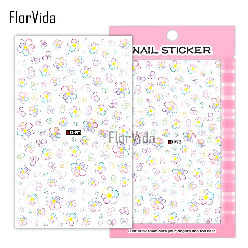 FlorVida F024 наклейки для дизайна ногтей цветы наклейки клей красочные черные белые для детей накладные ногти маникюр серии F - Цвет: F026
