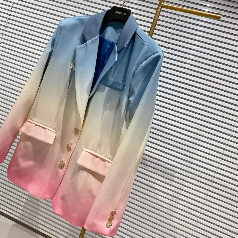 Spring Autumn Winter Long Sleeve Notched Collar Patchwork Color Single Breasted Loose Blazer Women Coat Suit Jacket Female