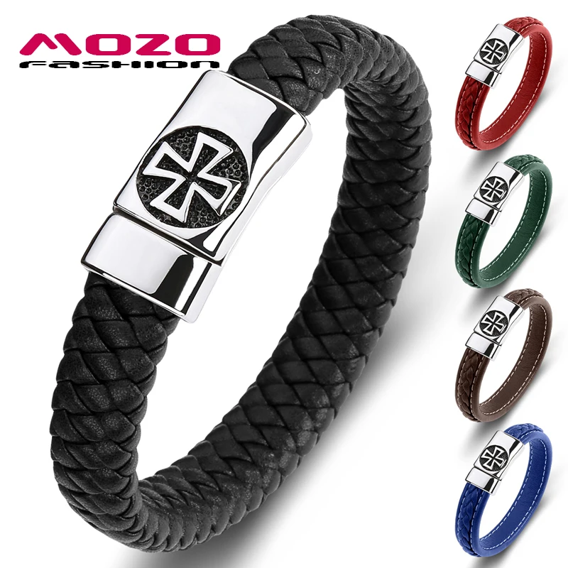 MOZO FASHION Wholesale Price Classic Men Multi Color Genuine Leather Stainless Steel High Quality Cross Handmade Jewelry 077