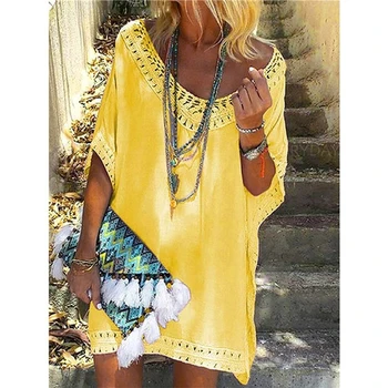 

Sexy Women Loose Beach Dress Tunic Solid Bikini Cover UP Swimsuit Beachwear Swimwear Hollow Out Beach Dress Robe De Plage