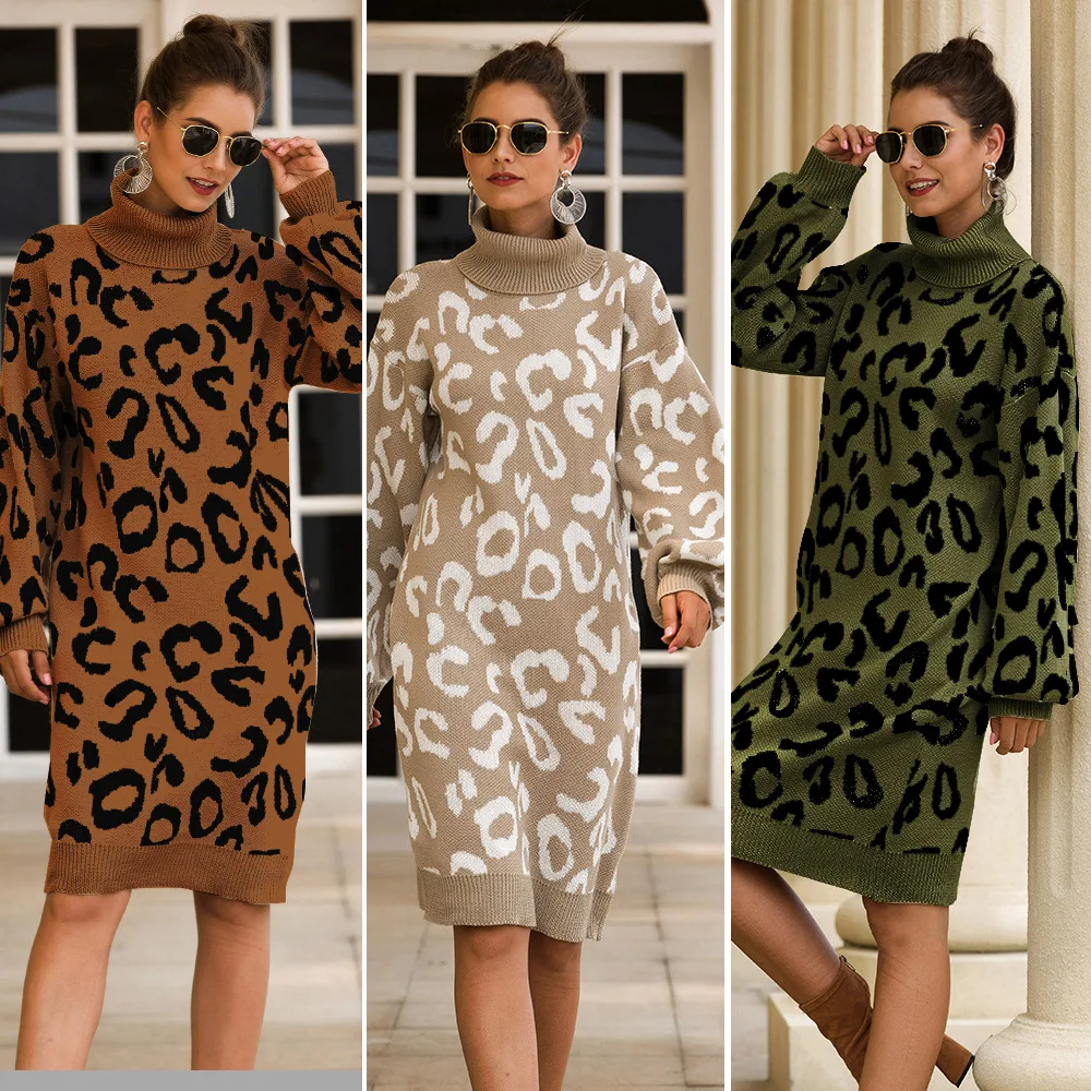 European Style Leopard Woman Long Sweater Sleeve Knit Pullover Turtleneck Autumn Winter | Женская одежда