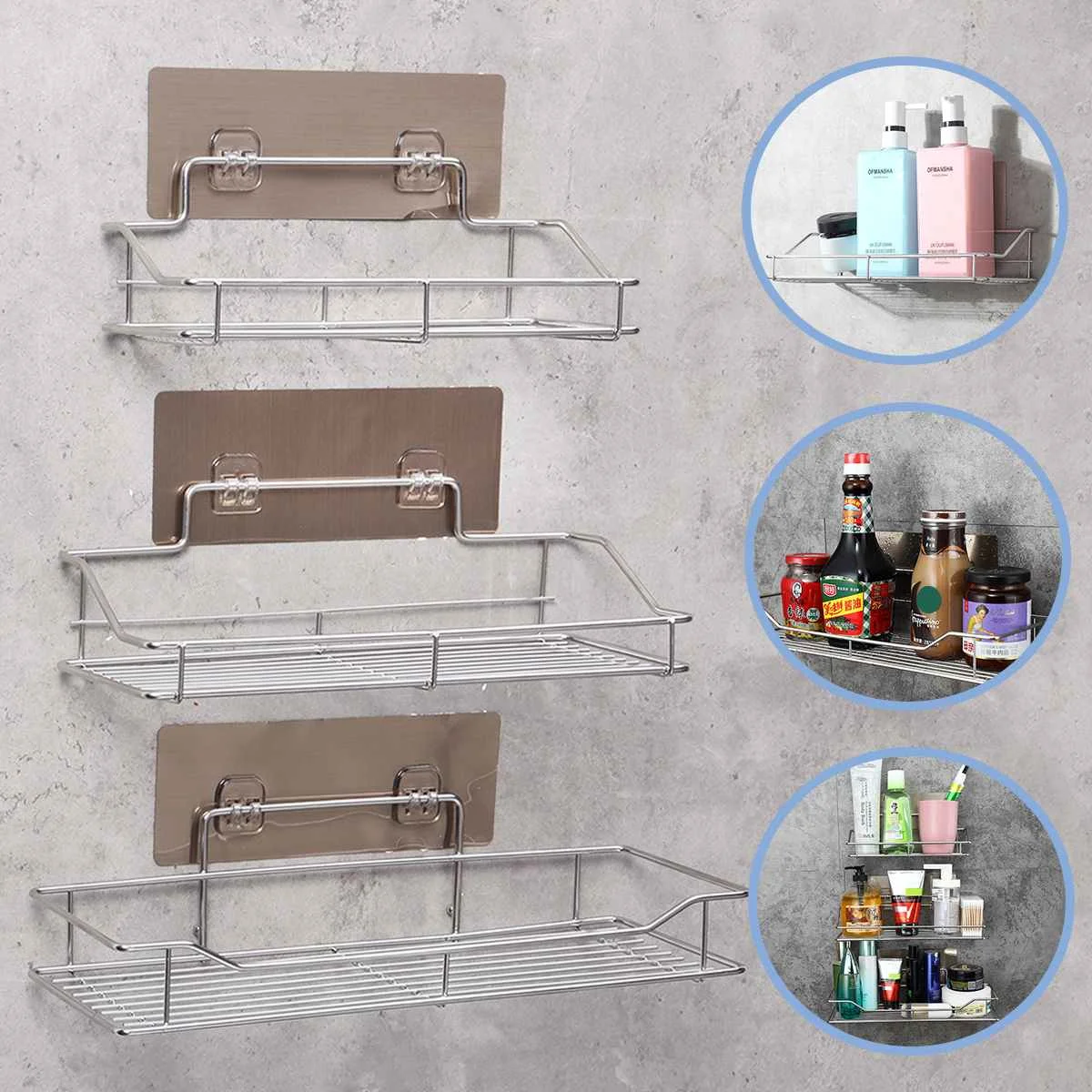 

Stainless Steel Bathroom Shelves Kitchen Toilet Shelf Wall Mount Shower Adhesive Storage Organizer Shampoo Soap Holder Rack