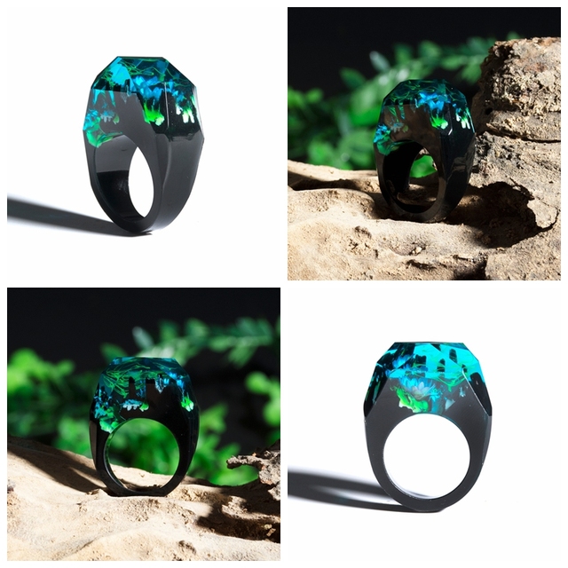 Fashion Wood Resin Ring Female Forest Handmade Rainbow Star Secret Sky Micro Landscape Wooden Ring High Quality Jewelry
