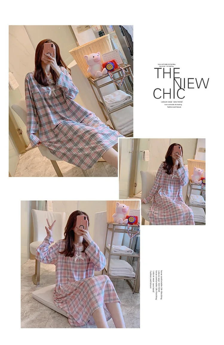 Spring Autumn Casual Plaid Cotton Nightgowns for Women Long Sleeve Loose Night Dress Home Dress Sleepwear Nightdress Nighty