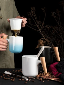 

High Temperature Ceramic Mug Wooden Handle with Lid Coffee Mug Gradient Filter Coffee Cup with Spoon Water Tea Office Drinkware