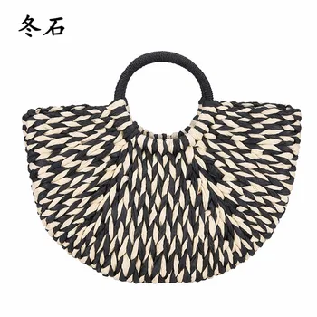 

Fashion Black and white Straw Handbags Women Summer Beach Bag 2019 New Rattan Bag Handmade Vintage Woven Handbag For Women