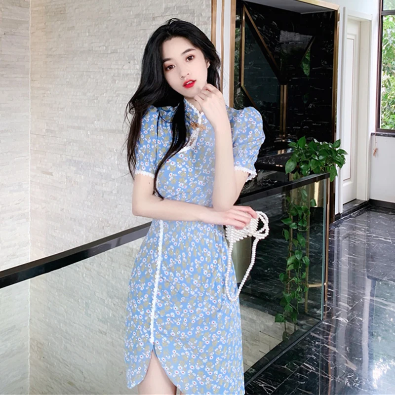 

Китайское платье, синее платье Ципао с маленькой маргариткой, женское летнее платье с разрезом и разбитыми цветами, платье Ципао, восточное платье